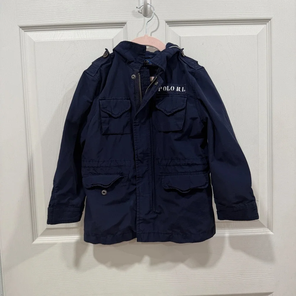 Polo Ralph Lauren Kids Navy Blue Field Jacket Grey Hood Size 5 322797759001